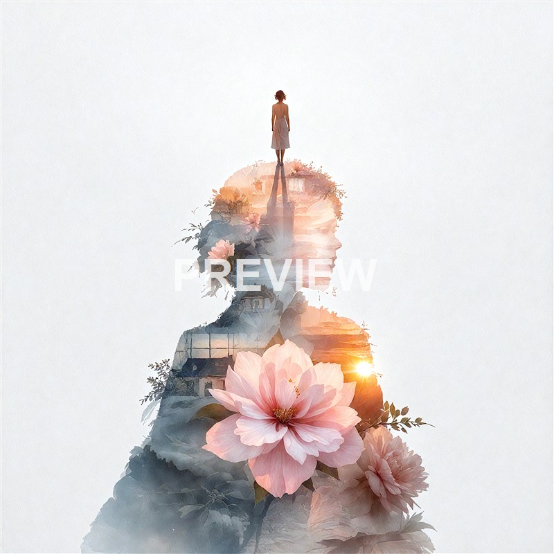 A double exposure image combining a woman's silhouette with large pink flowers and a person standing on top of her head, creating a surreal and artistic scene.
